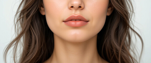 wide closeup photo of beautiful woman's face looking at the camera with macro details and smooth skin texture in white background 