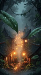 Rainy Village: Lanterns Glow Through Mist and Giant Leaves Drip in the Night