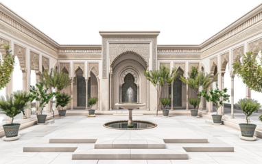 Central Fountain Surrounded by Traditional Islamic Courtyard Architecture Isolated on Transparent Background