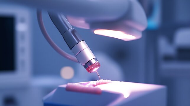 High quality photo of a dental laser being used to treat gum disease showing the beam precisely targeting the affected area sterile environment with soft lighting