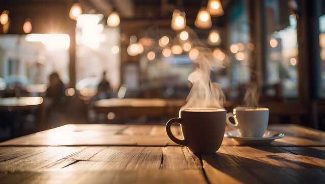 Two cups of steaming coffee on wooden table in cafe - Powered by Adobe