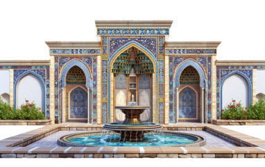 A Beautiful Islamic Courtyard Centered Around a Flowing Fountain Isolated on Transparent Background