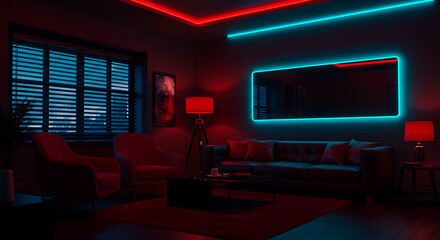 Atmospheric Living Room Decor with Red and Blue Neon Lighting