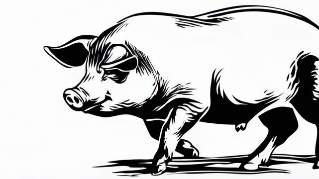 Black and white graphic illustration of a pig walking with a curly tail and a shadow, farm animal for meat production