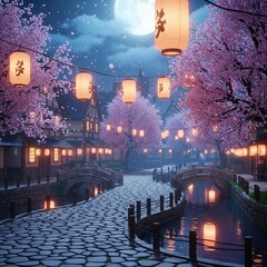 Serene Night in a Japanese Village with Cherry Blossoms and Lanterns
