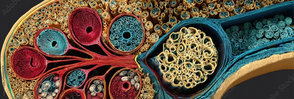 Poster detailed 3d cross-section analysis of nephron structure illustrating renal filtration and absorption