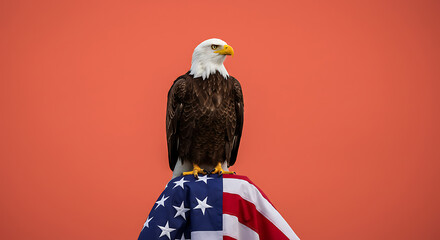 Bald Eagle Perched on American Flag Against Vibrant Orange Background