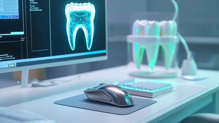 High tech dentists workstation featuring a sleek computer mouse advanced dental scanning software and a holographic tooth model floating above the screen