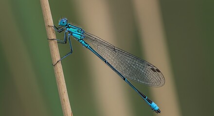 Close up of azure damselfly insect resting on a reed in nature photography outdoors macro wildlife shot on transparent background