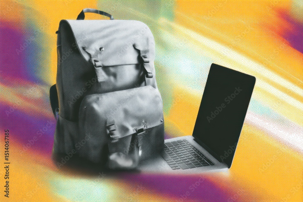 Poster modern work-from-anywhere setup featuring a backpack and laptop in a vibrant, abstract background de