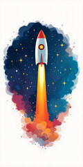 vertical illustration of rocket launch with cute simple cartoon rocket in night sky and white border with copy space 