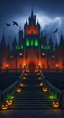 Spooky Halloween Castle with Lightning, Jack O'Lanterns, and Flying Crows