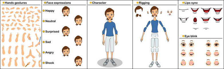 Animated Character Kit with Rigging, Face Expressions, and Hand Gestures