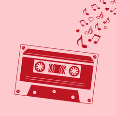 Retro red cassette tape with floating music notes and hearts on pink background. Fun vintage music illustration for love songs, playlists, and nostalgic design.

