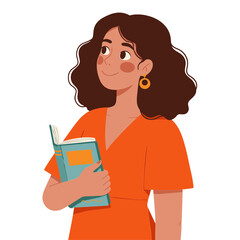 Woman with curly hair and book in hand, smiling to the side