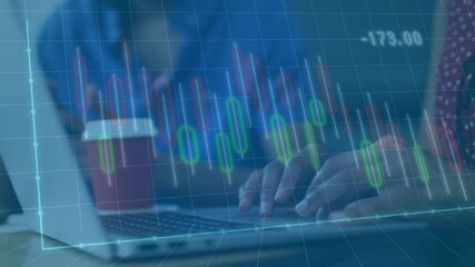 A 4K animation of financial data overlays on diverse colleagues discussing work in a modern office, reflecting teamwork, fintech, digital workflow, and business strategy. - Powered by Adobe