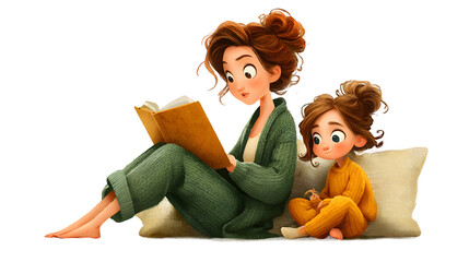 Mother and child reading a book together bedtime story family time illustration