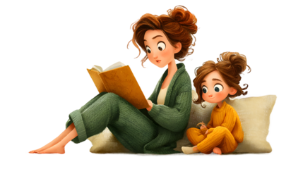 Mother and child reading a book together bedtime story family time illustration