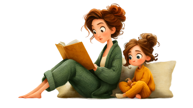 Mother and child reading a book together bedtime story family time illustration