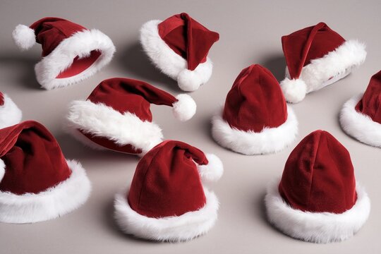 Collection of miniature red Santa Claus hats arranged as a festive pattern on a neutral background. Christmas holiday concept.