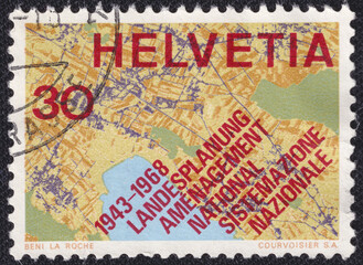 Map Showing Systematic Planning, 25th Anniversary of the Swiss Society for Territorial Plannin on a 1968 Switzerland postage stamp.