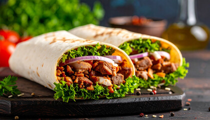 A vibrant and fresh Mexican chicken tortilla wrap, a healthy and delicious meal or snack filled with grilled chicken, crisp vegetables, and cheese