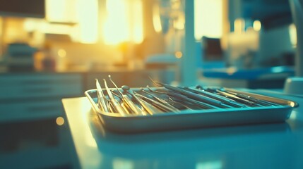Macro photograph of a dental tool set with shining sterilized instruments neatly arranged on a tray in a clean sterile clinic environment with bright natural lighting