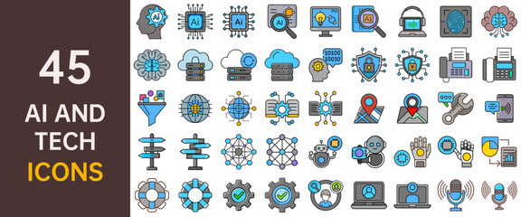 AI and Tech themed Vector Icon Set. Includes heads with AI, circuits, clouds, servers, brains, funnels, globes, robots, hands and more. Editable graphics. Vector illustrations.
