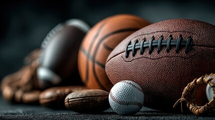 Collection of various sporting balls including football, basketball, baseball, and more displayed for a dynamic sports showcase