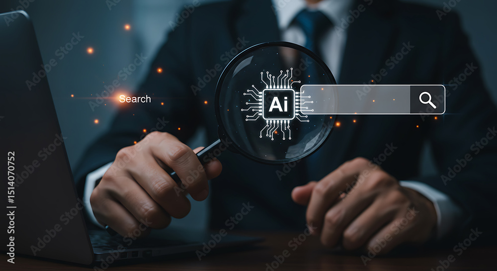 Poster a businessman uses a magnifying glass to examine artificial intelligence concepts within a digital s