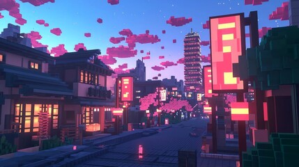 Obraz premium Futuristic Voxel City at Shibuya Crossing with Holographic Effects and Cherry Blossoms
