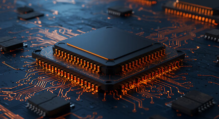 A close-up view of a glowing central processing unit (CPU) mounted on a dark circuit board, symbolizing advanced technology and digital innovation.
