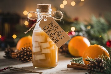 Rustic bottle of homemade Christmas fruit liqueur, a festive 'Holiday Cheer' gift with oranges, cinnamon, and cozy bokeh lights for a warm winter celebration.