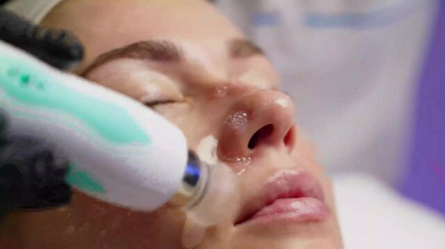 Hydrafacial Treatment on Woman's Nose with Black Gloves and Blue Light for Enhanced Skincare in Spa Environment