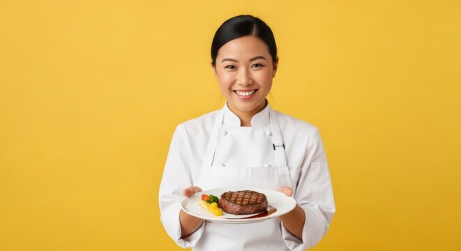 Chef presenting grilled steak dish on yellow background for culinary presentation