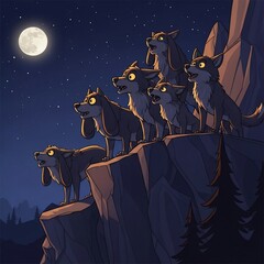 Wolf Pack Howling at Night Under Full Moon