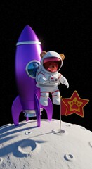A Cartoon Bear Astronaut Launches into Space from the Moon