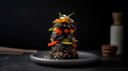 plate Gimbap rolls stacked pyramid style on slate