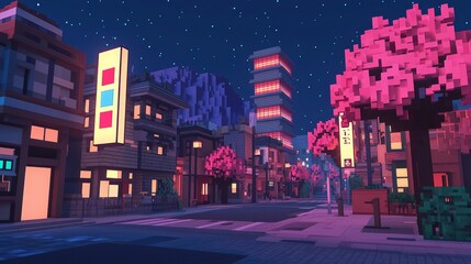 Obraz premium Futuristic Voxel Cityscape at Night with Cherry Blossom and Holographic Elements