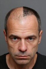 Obraz premium Balding middle aged male displaying thinning hair and receding hairline, standing against neutral gray backdrop, portraying male pattern baldness vulnerability