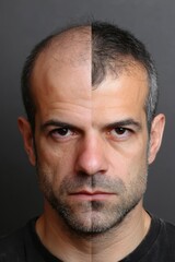 Fototapeta premium Middle aged man revealing hair restoration stages, displaying baldness progression and successful hair transplant results from side profile view