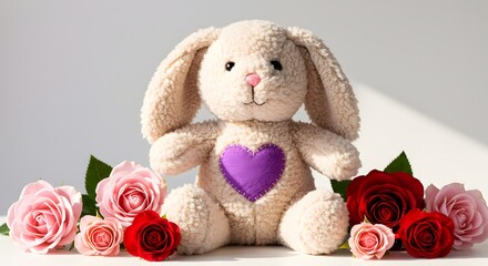 Soft plush bunny clutching a heart-shaped pillow, perfectly capturing the cozy, loving spirit of Valentine&rsquo;s Day.