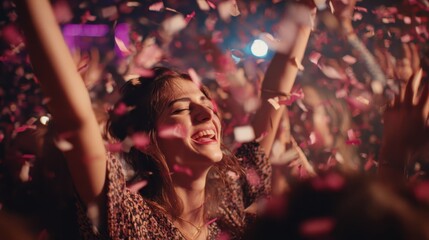 Jubilant woman dancing wildly, arms raised, surrounded by friends and colorful confetti during energetic nightclub celebration, embodying pure nightlife euphoria
