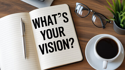 An open notebook with the question what's your vision on a wooden desk top