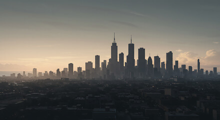 Fototapeta premium Silhouette cityscape at dawn, showcasing a vast metropolis with towering skyscrapers.
