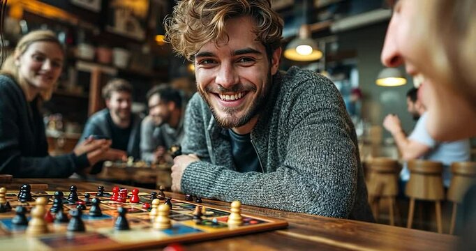 Happy person smiling at a table with people playing a board game indoors. The scene captures joy, friendship, and relaxation, emphasizing a social and engaging atmosphere