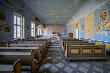 Old Abandoned Palace in Branice with Blue Chapel Interior, Poland