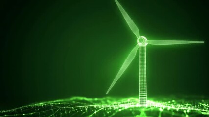 Rotating green energy wind turbine with futuristic digital matrix background - Powered by Adobe