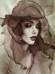 Sepia-toned coffee art of an elegant woman wearing a flowing headscarf, showcasing dramatic eye makeup and classic beauty in sepia tones, ideal for fashion and fine art inspiration.