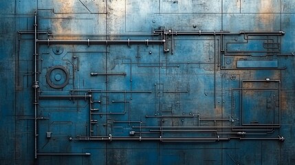 Intricate steampunk-inspired blue metallic panel with industrial piping and fixtures